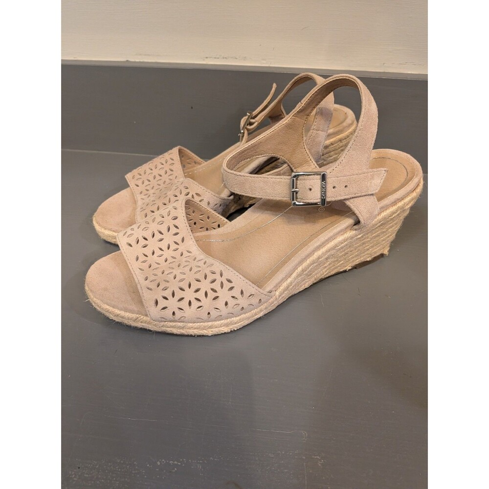 Vionic Beige Suede Espadrille Wedge Sandals Ankle Strap Buckle US 8W EU 39